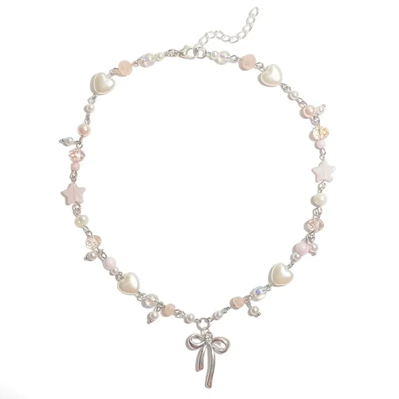 Pearl beaded ribbon necklace Y2K Fairy Core Jewelry