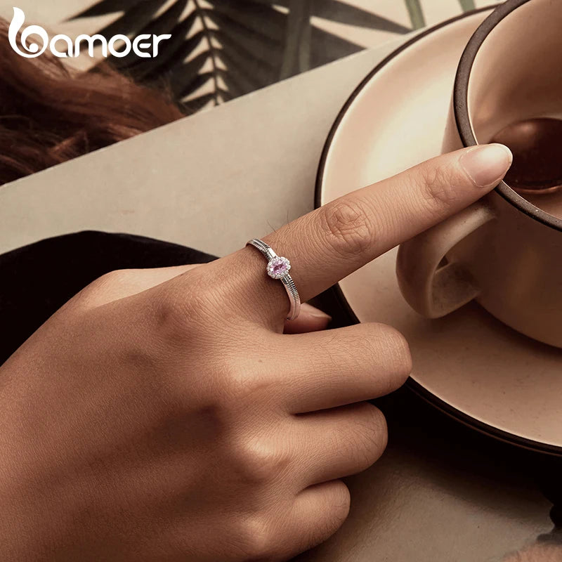 BAMOER 925 Sterling Silber Schlangenkettengliederringe für Damen, Halo Pink CZ Eternity verstellbarer Kettenbandring Schmuck BSR632-E