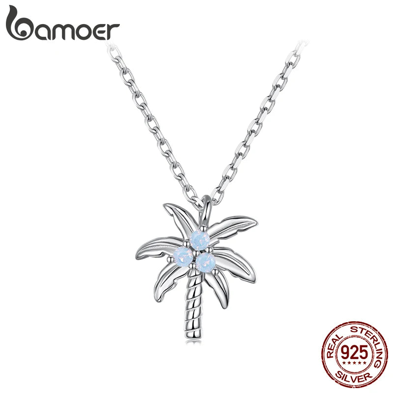 BAMOER Solid 925 Sterling Silver Dainty Coconut Tree Pendant Necklace for Women, White Gold Plated Cute Opal Pendant Necklaces