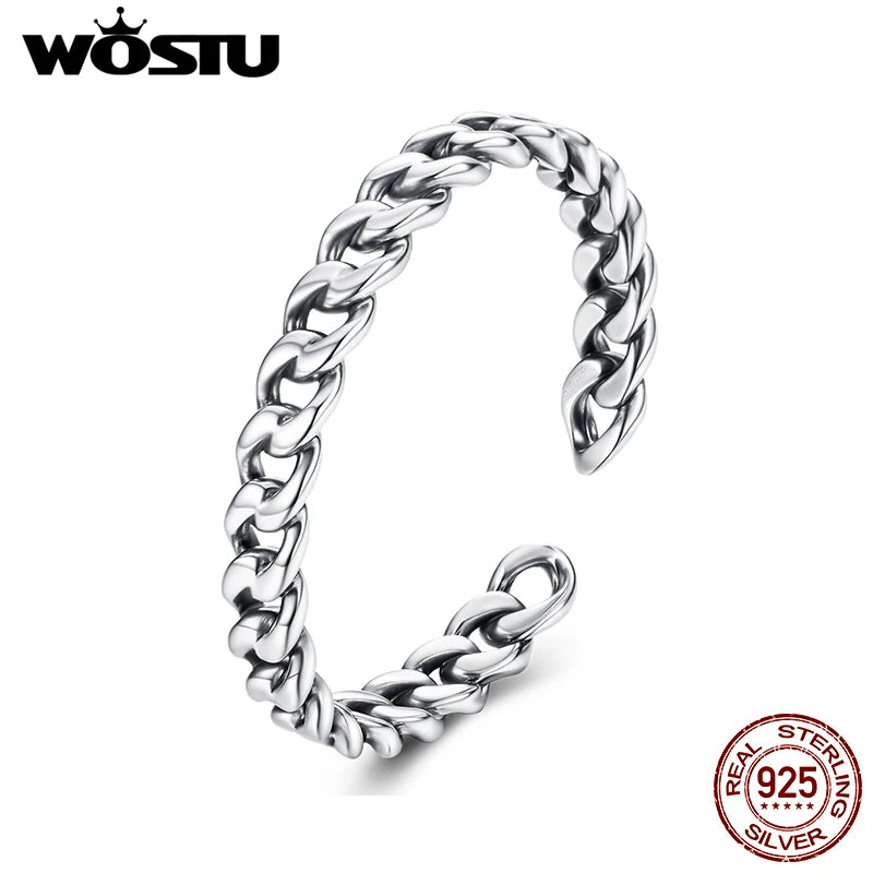 WOSTU Real 925 Sterling Silver Punk Cuban Link Ring For Women Stylish Retro Adjustable Ring for Women Hip Hop Girls Party Gift