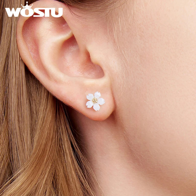 WOSTU Real 925 Sterling Silver Natural Pink Shell Flower Earrings 18K Gold Mini Sakura Flower Studs Party Wedding jewelry Gift