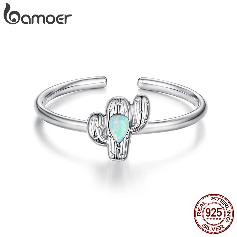 BAMOER 2025 Solid 925 Sterling Silver Cute Cactus Adjustable Rings Lovely Plant Open Ring Jewelry for Women Girls SCR1120-E