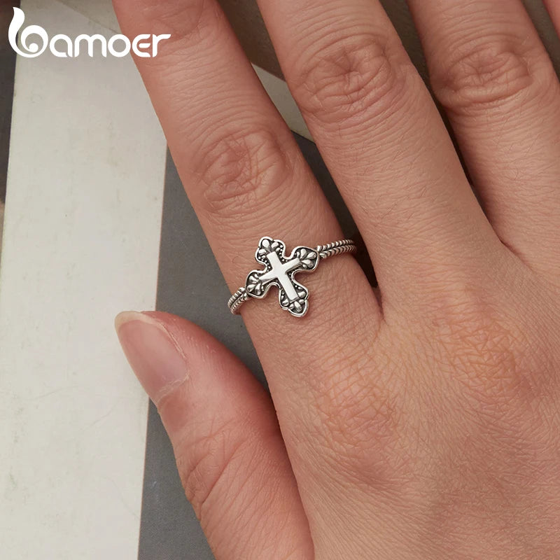 BAMOER Solid 925 Sterling Silver Cross Ring for Women, Dainty Stackable Adjustable Ring Pray Cross Thumb Ring SCR1127-E
