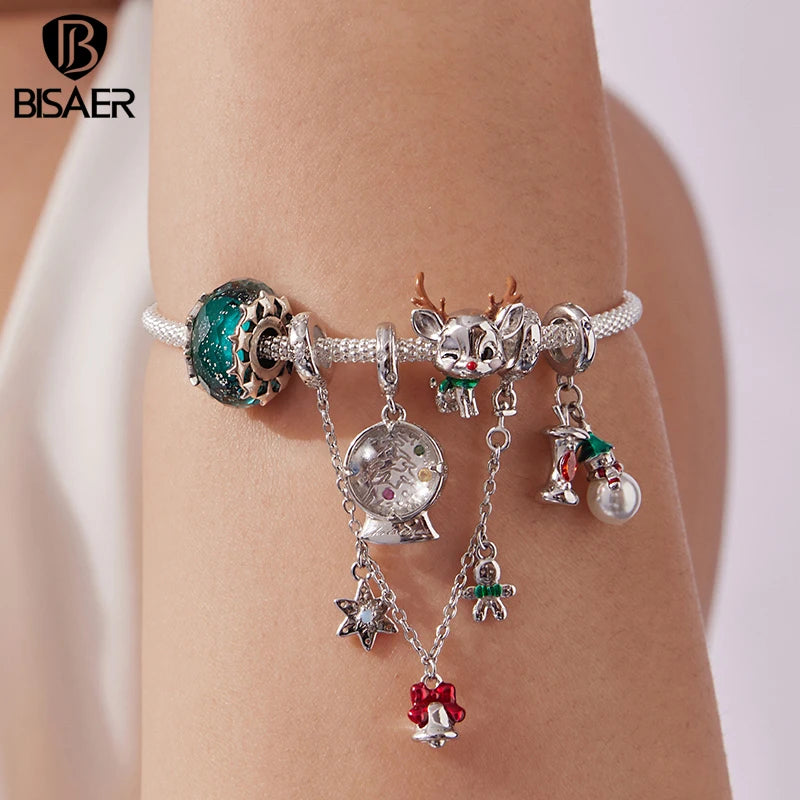 BISAER 925 Sterling Silver Christmas Series Charm Bead Crystal Ball Snowman Apple Safety Chain Fit Women DIY Bracelet Jewelry
