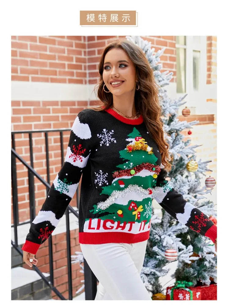 Women Loose Christma Sweater Autumn Winter Print Knitted Snowflake Christmas Tree Pattern Christmas Style Knitwear Sweatshirt