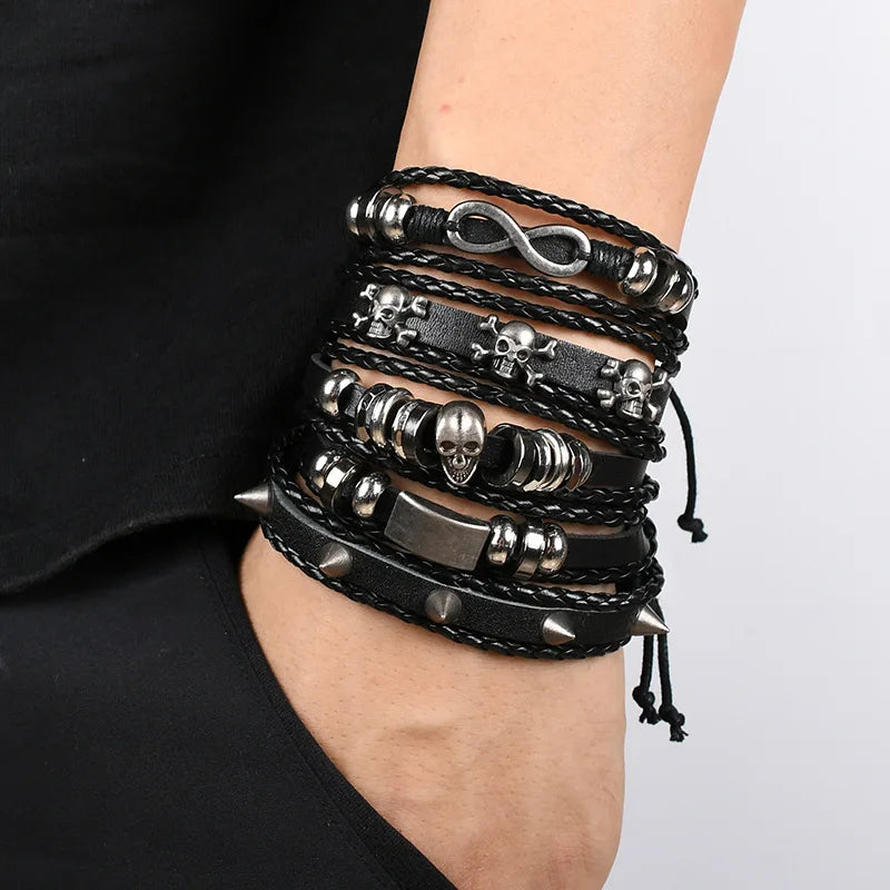 1 Fashion Bracelet Viking Bracelet For Men Hand Bracelets Woven Skull Hand Jewelry Adjustable Leather Set Bracelet For Leather