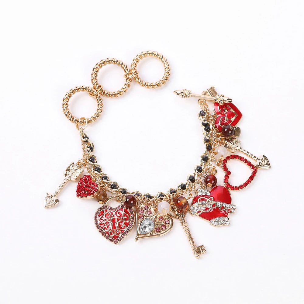 New Chrismas Bracelet Cute Red Love Heart Rhinestone Inlaid Magical Wand Arrow Of Love Beads Charms Bracelets Bangle Jewelry Gif