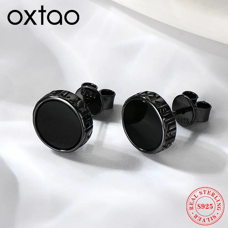 Nordic Viking Rune Personalized 8mm Natural Black Agate Ear Stud 925 Sterling Silver Men Women Hiphop Earrings Fashion Gift