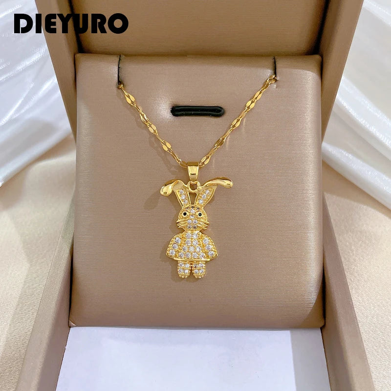 DIEYURO 316L Stainless Steel Easter Bunny Rabbit Pendant Necklace For Women Girl New Trend Neck Chain Jewelry Gift Party Collar