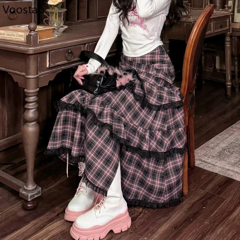 Harajuku Y2k Pink Black Plaid Skirt Women Casual Ruffles Patchwork Fairy Midi Skirts Korean Female Streetwear A-Line Cake Skirt