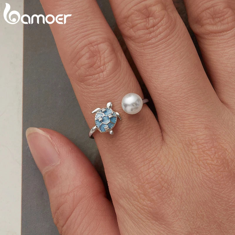 BAMOER Ring aus massivem 925er Sterlingsilber mit Schildkröte und Perle, Stapelring, niedliche Tiermotive, verstellbarer offener Ring, Geburtstagsgeschenk