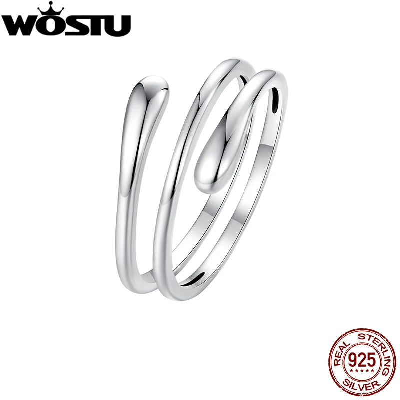 WOSTU 925 Sterling Silver Multi-layer Metal Water Drop Open Ring For Women Euro Simple Ins Jewelry Stackable Party Rings Gift