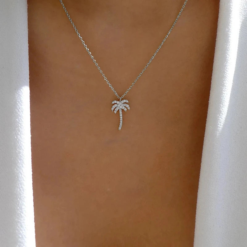 New Coconut Palm Tree Necklace For Women Exquisite Crystal Zircon Metal Clavicle Chain Choker Summer Beach Ocean Sandy Jewelry