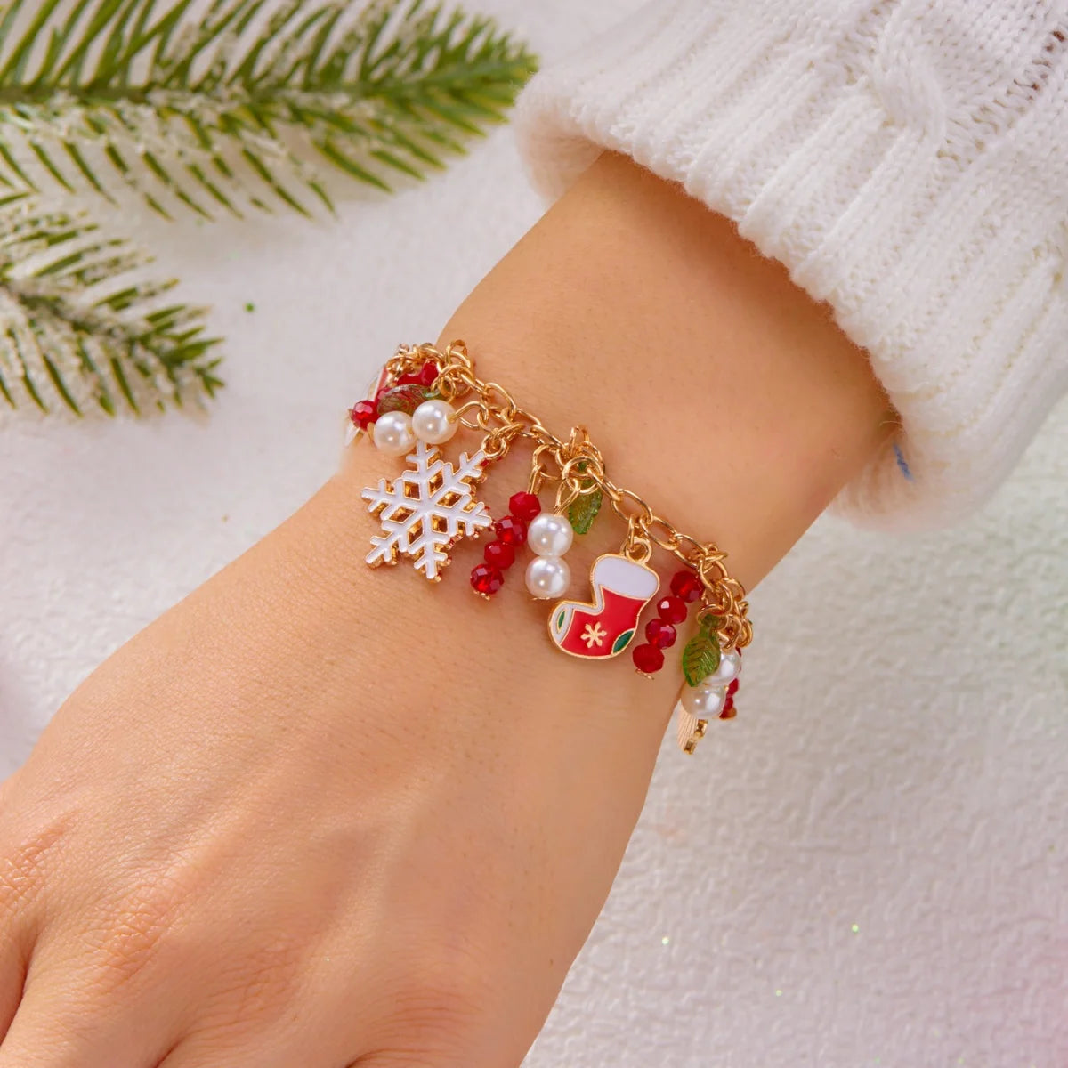 Christmas Bracelet Snowflake Santa Claus Snowman Deer Xmas Tree Wreath Imitation Pearl Crystal Beads Tassel Bangle For Women Men
