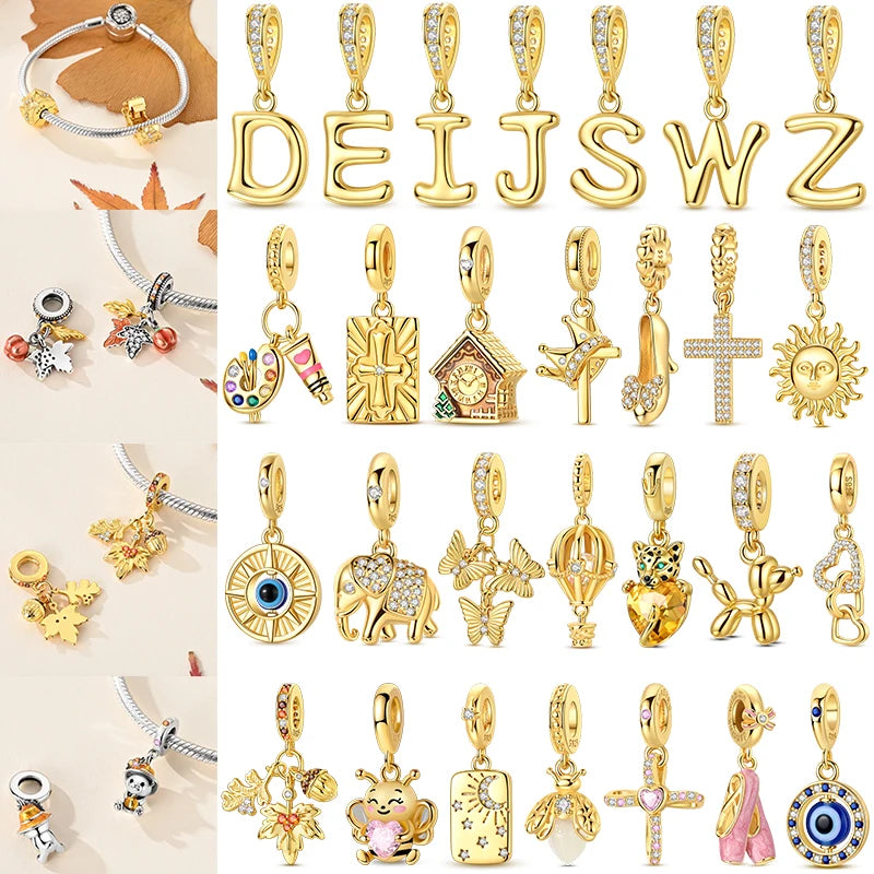 925 Sterling Silver Golden Charms CZ Zirconium Luggage Cross Traveling Dangle Bracelet DIY Jewelry Gifts for Women