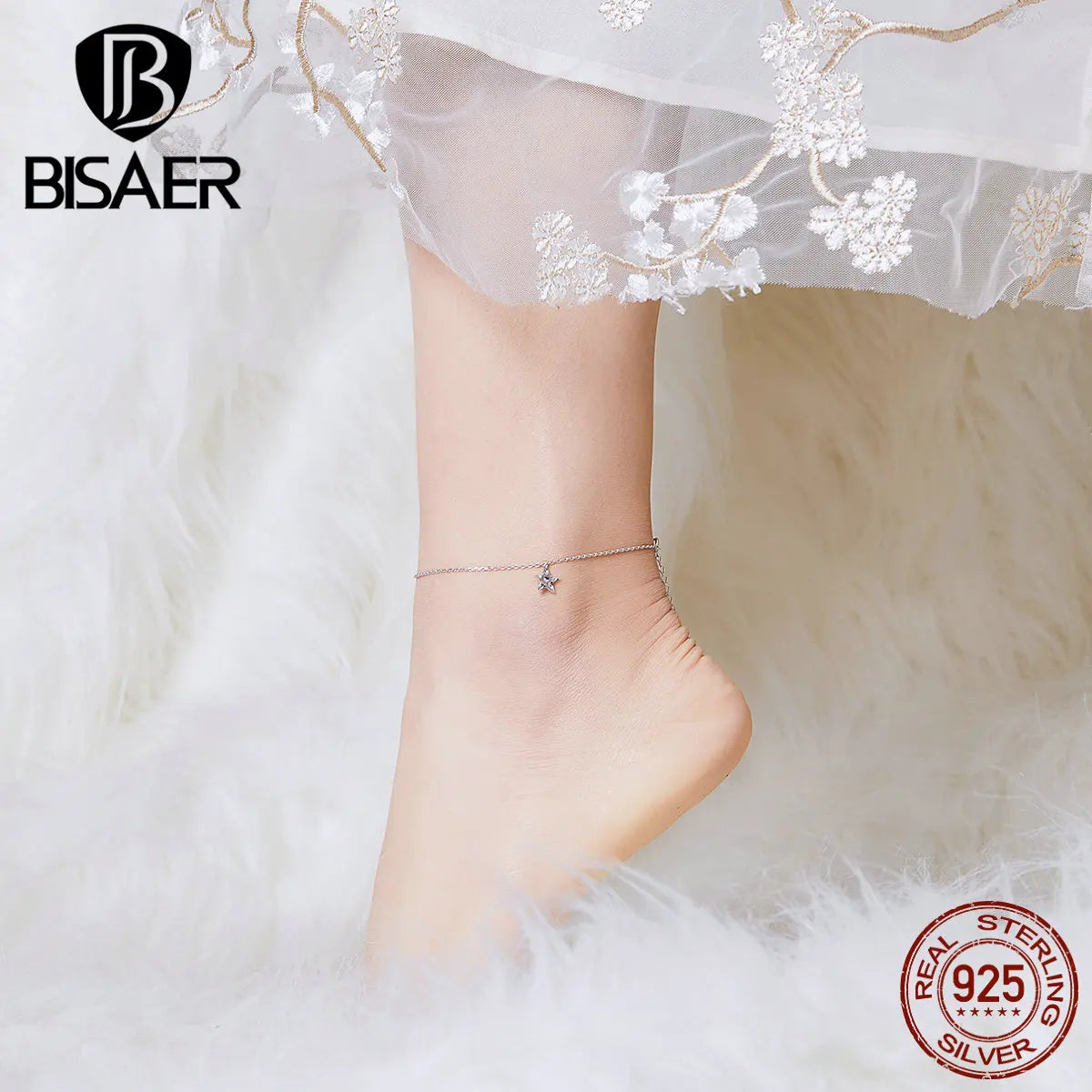 BISAER 925 Sterling Silver Star Anklets Étoile à cinq branches Chaîne réglable Anklets pour femmes Fête Fine Jewelry Cadeau de vacances