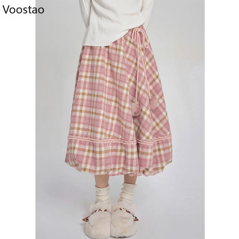 Pink Plaid Vintage Skirt Autumn Winter Women Preppy Style Chic Plush Ball Elegant Midi Skirt Korean Female Y2k A-Line Skirts