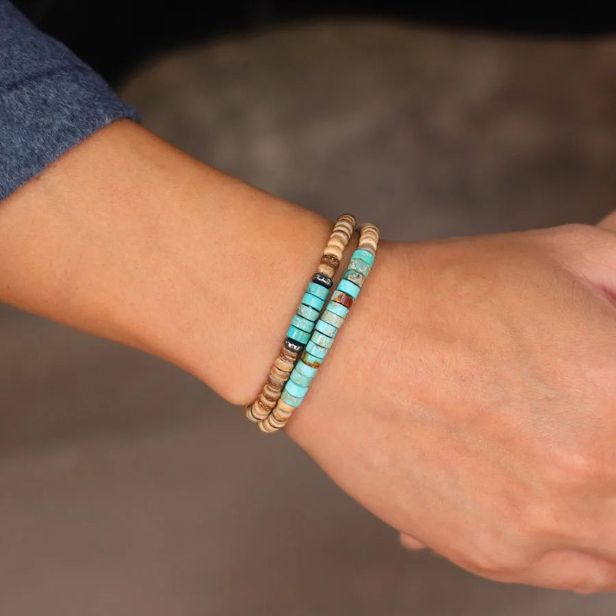 2Pcs Bohemian Turquoise Wood Bead String Set Coconut Shell Wood Slice Beaded Stacked Men Women Bracelets Casual Accessories