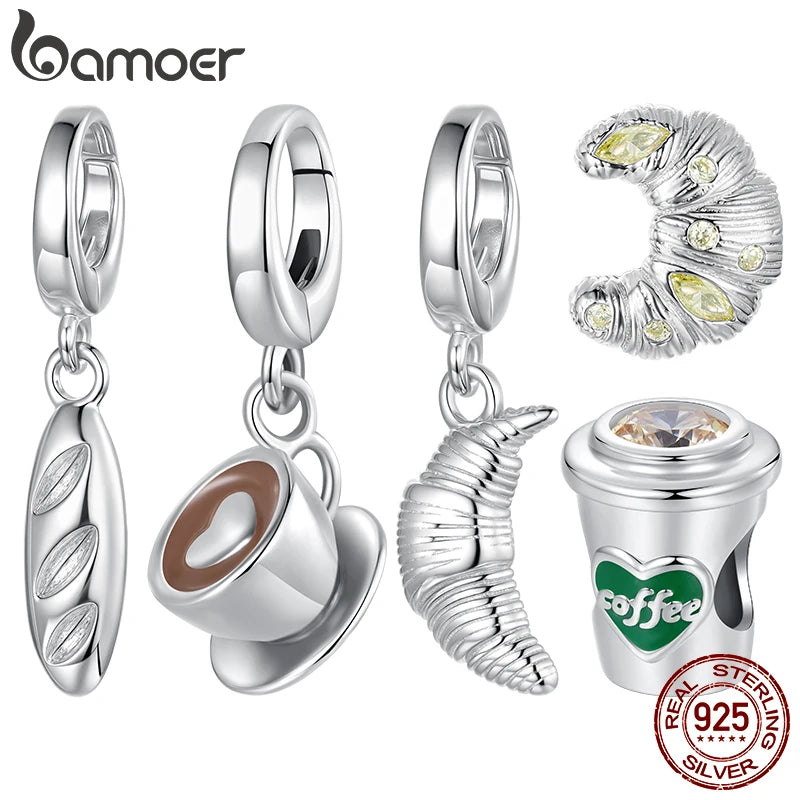 Bamoer 925 Sterling Silver Coffee Cup Clasp Pendant Sweet Dessert Beads Clips for Women Teen Bracelet Daily Jewelry Accessories