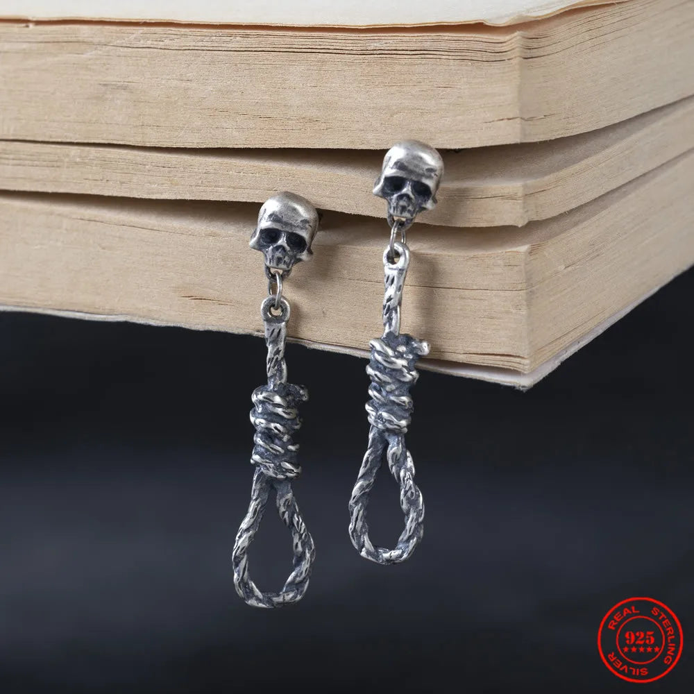 MKENDN 925 Sterling Silver Creative Retro Skull Cordage Pendant Drop Earring Trendy Street Punk Style for Men Women Ear Jewelry