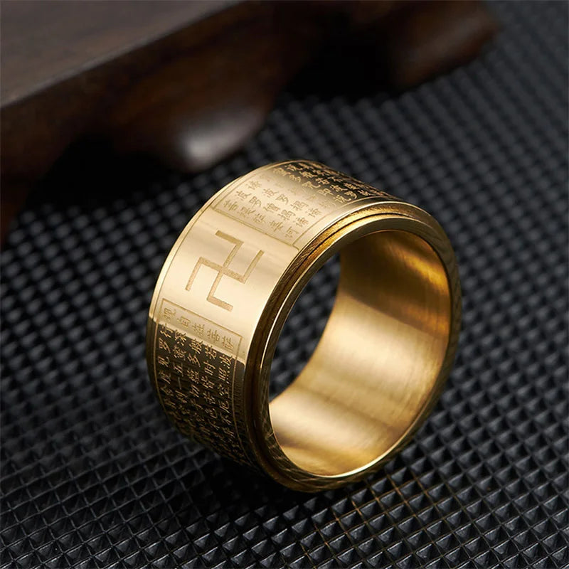 Bague tournante Manji Swastika Sutra du Cœur pour homme, en acier inoxydable, accessoire bouddhiste, bijou de créateur, cadeau bouddhiste