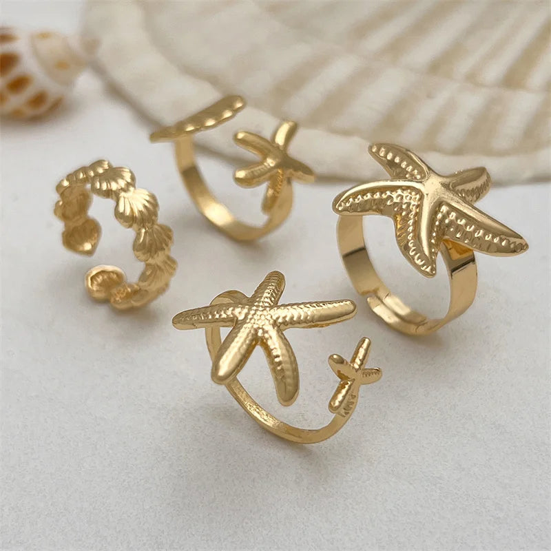 Bohemia Starfish Ring Set for Women Gold Color Sun Sea Shell Geometric Opening Adjustable Finger Rings Vacation Beach Jewelry