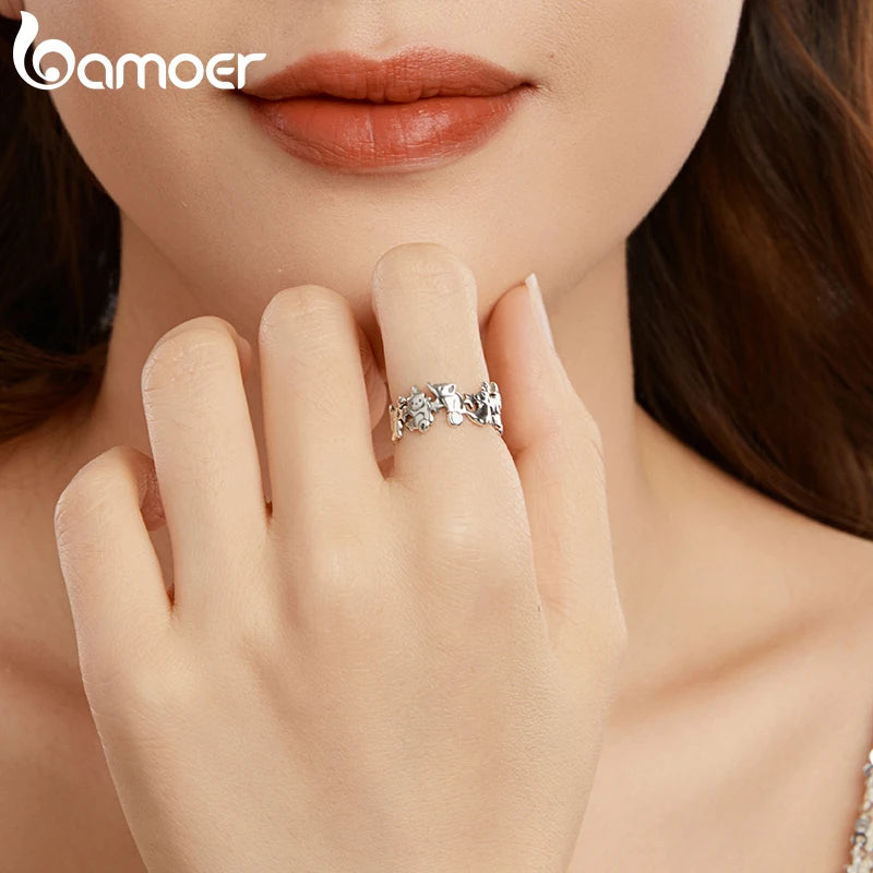 BAMOER Solid 925 Sterling Silver Cute Elephant Dolphin Ring for Women, Funny Open Circus Animal Ring SCR1130