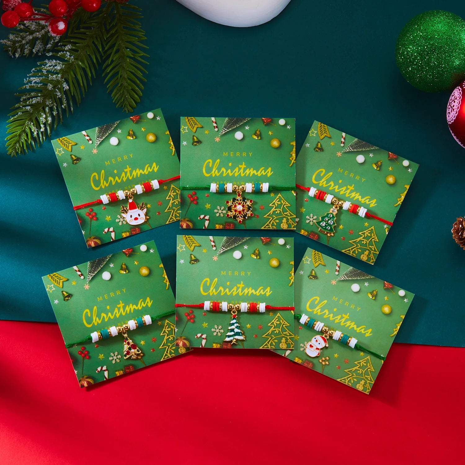 Cute Christmas Series Zircon Xmas Tree Snowflake Pendant Bracelets for Women Handmade Rope Chain Beaded Bracelet Party Gifts