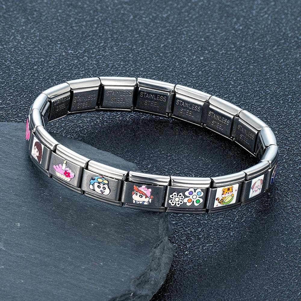 MKENDN Italian Elastic Charm Bracelet 9mm DIY YINYANG TAIJI Cartoon Candy Heart Stainless Steel Fashion Bangle