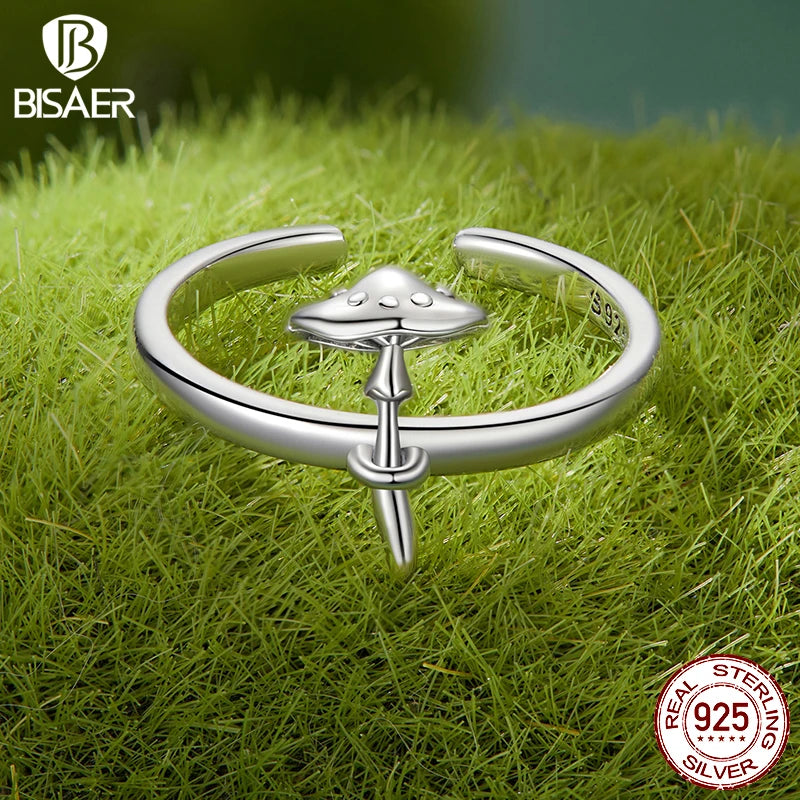 BISAER Bague ouverte en argent sterling 925 en forme de champignon - Taille réglable : 5 à 9 - Pour femme - Bijou fin de fête - ECR1086-E