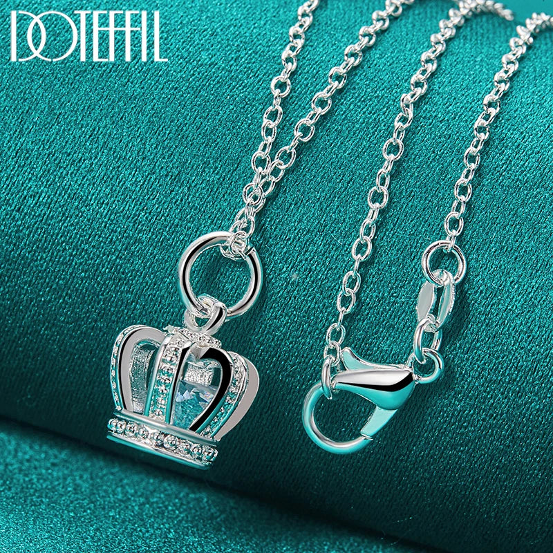 DOTEFFIL 925 Sterling Silver AAA Zircon Crown Pendant Necklace 18 Inch Chain For Woman Fashion Wedding Engagement Party Jewelry