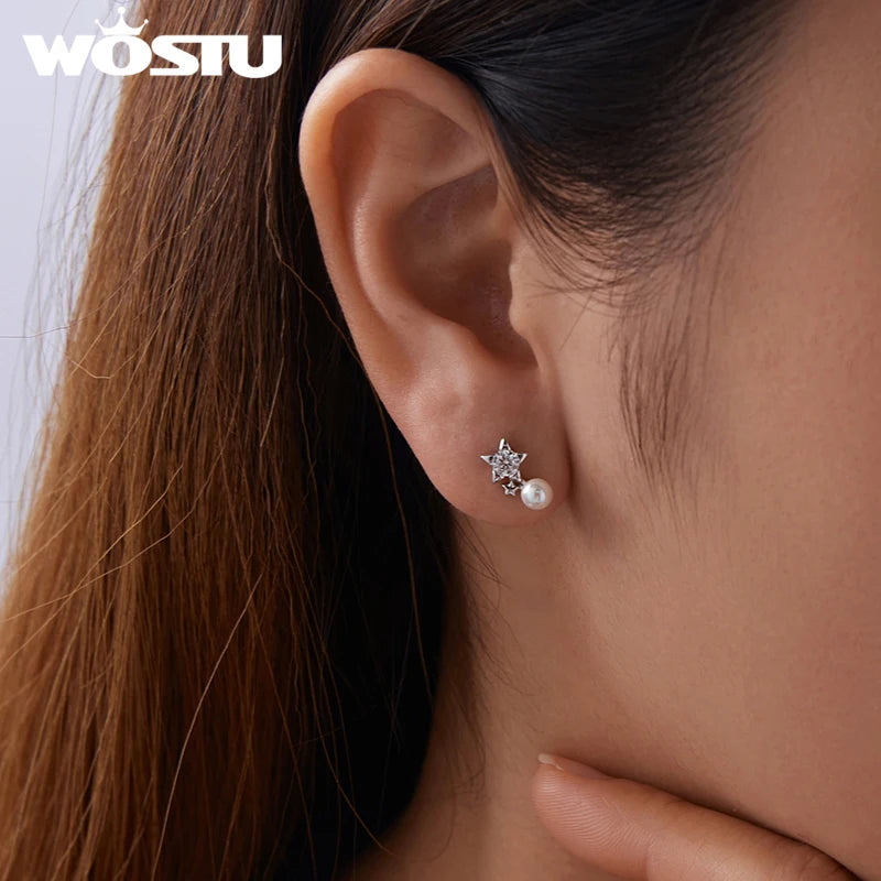 WOSTU 0.4 CT moissanite Star Stud Earrings For Women , 925 Sterling Silver Pearl Moissanite Stacking Studs Earring Xmas Gift