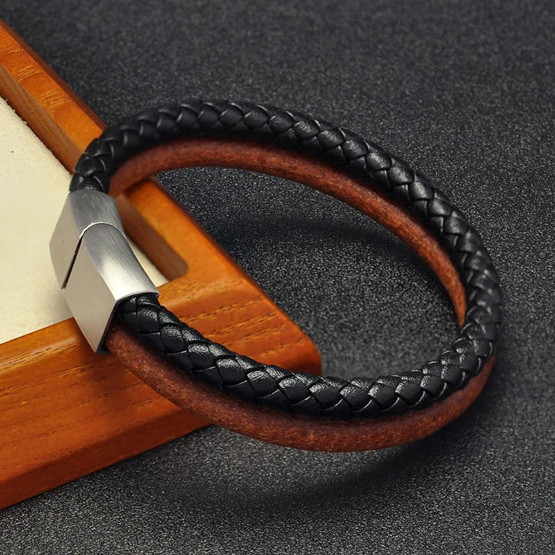 MKENDN Doppelsträngiges Original-Rindslederarmband mit gewebtem Leder, Edelstahl-Magnetschnalle, Zubehör, handgefertigte Geschenke