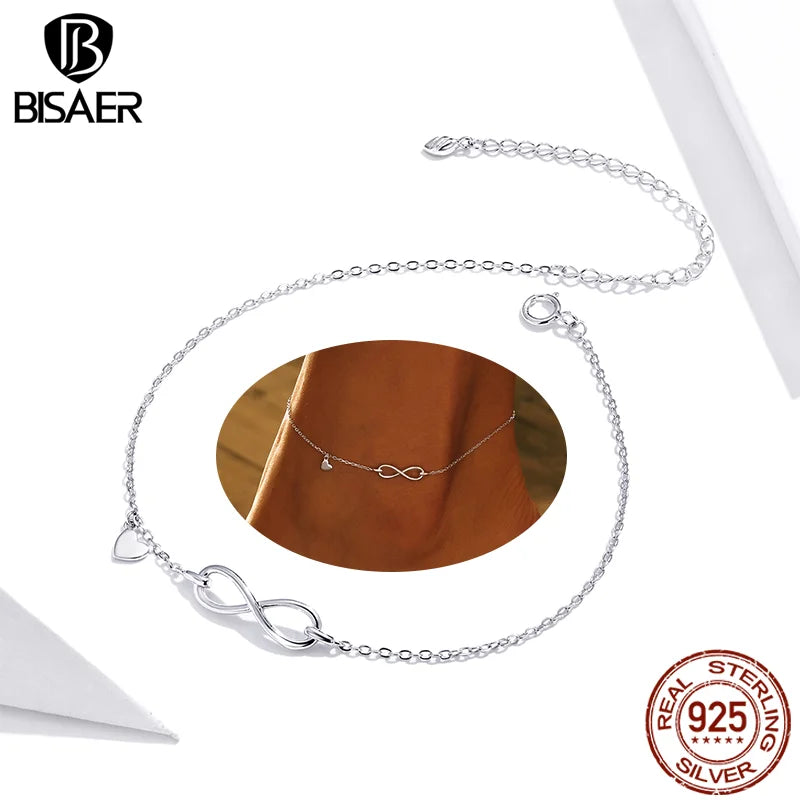 BISAER 925 Sterling Silver Infinity Love Anklet Chain Hypoallergenic Waterproof Anklets For Women Fine Jewelry Vacation Gifts