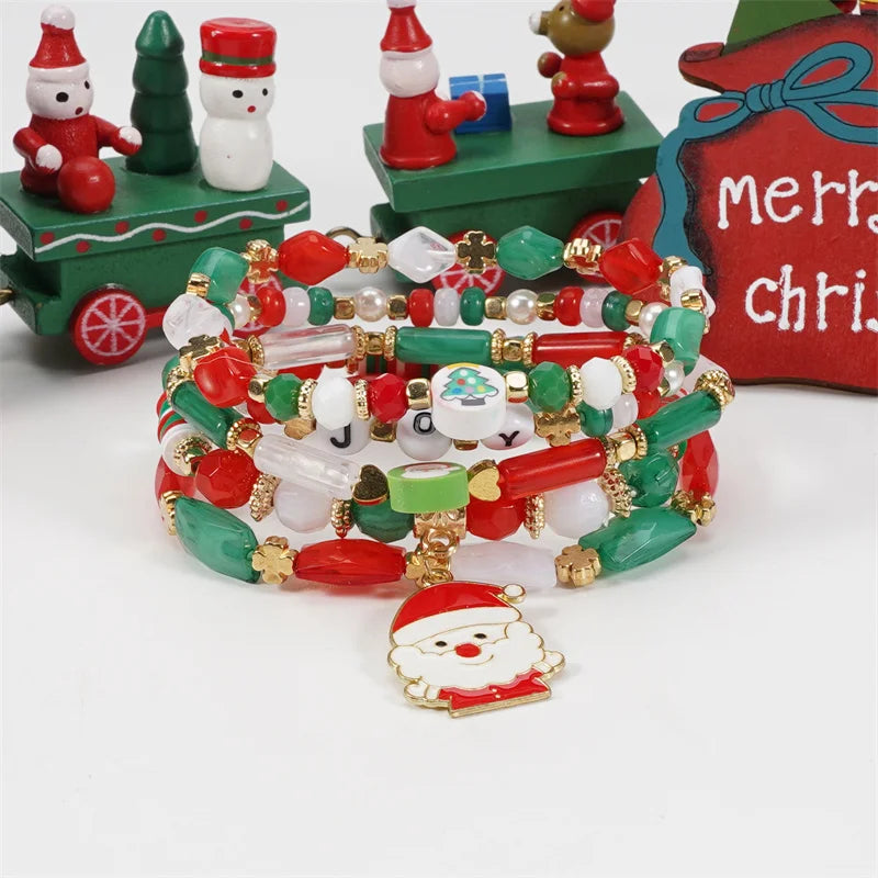 Snowman Santa Claus Christmas Tree Beaded Multi layered Bracelet For Women Christmas Bracelet Charm Party Jewelry