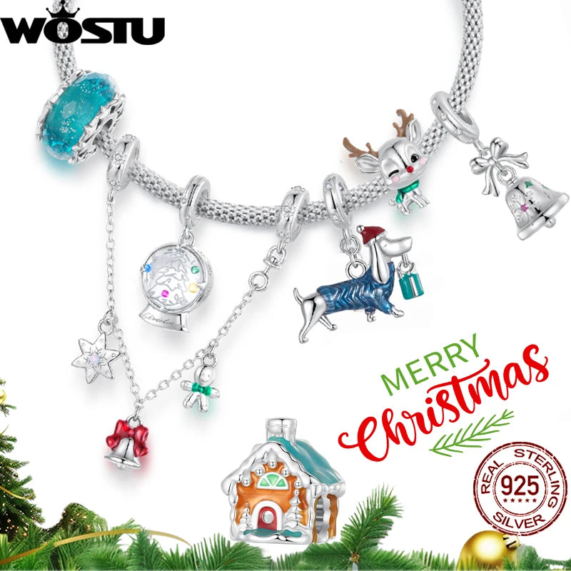 WOSTU 925 Silver Christmas House reindeer Beads Xmas bell Safty Chain Charms, Crystal Ball snowflake Pendant DIy Jewelry Gift