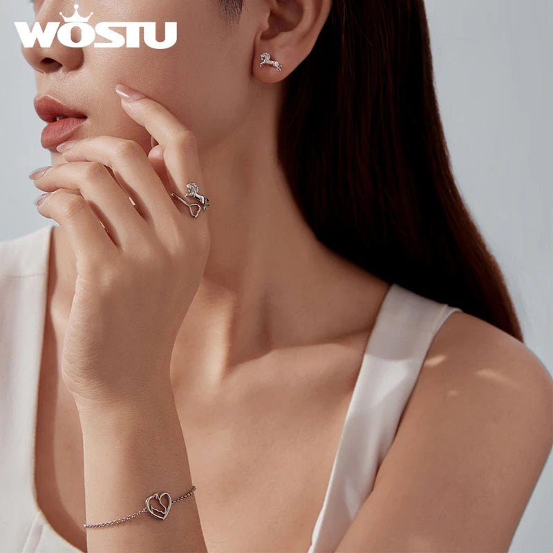 WOSTU Real 925 Sterling Silver Horse & Heart Chain Bracelet Stud Earrings For Women, s925 Silver Unique Horse Lover's Gift Set