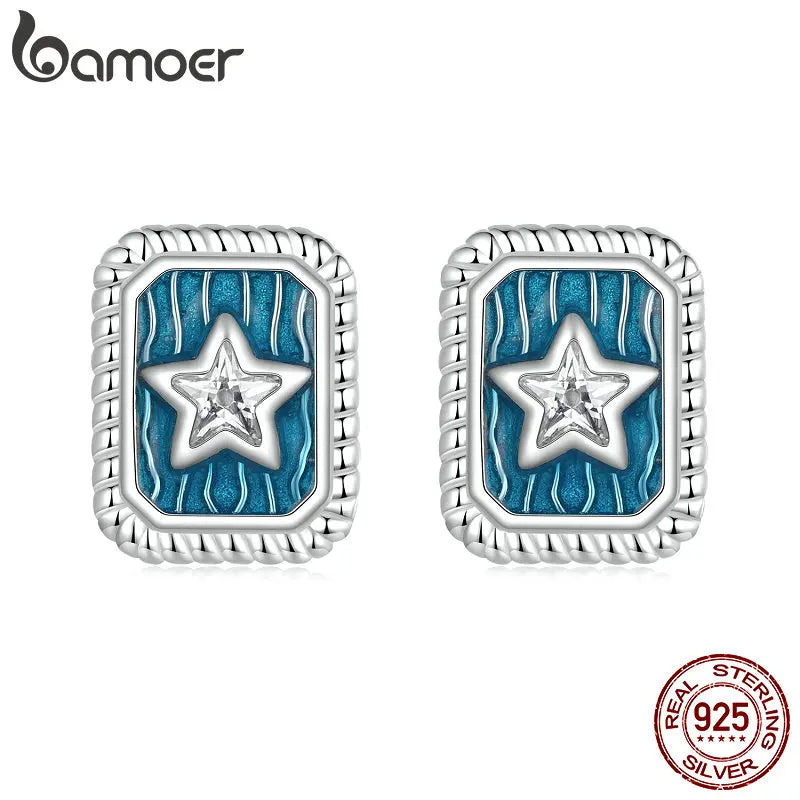 BAMOER Solide 925 Sterling Silber Vintage Star CZ Stud Ohrringe für Frauen Geschenk Retro Denim Blau Emaille Ohrringe SCE1796