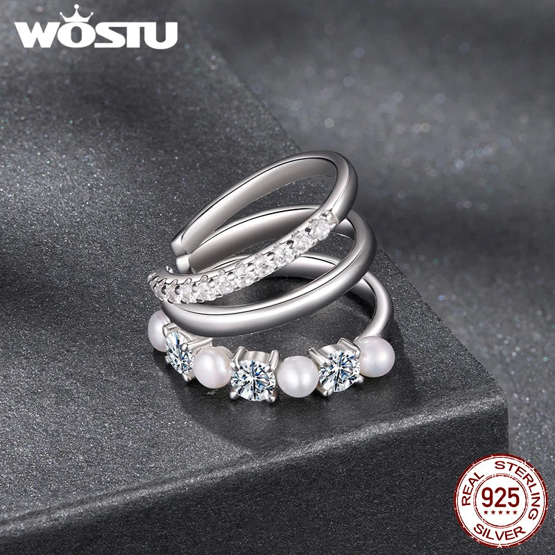 WOSTU Multi Layer Natural Pearl Moissanite Ear Cuff For Women, 925 Sterling Silver Lab Diamond Engagement Jewelry Birthday Gift