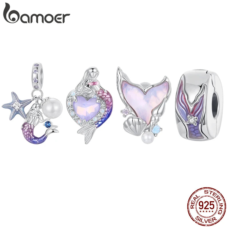 BAMOER zierlicher 925 Sterling Silber Traumhafter Meerjungfrau Charm Fischschwanz Silikon Spacer Bead Charm für Frauen passend für Original Armband