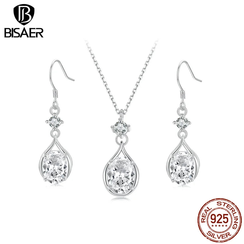 Boucles d'oreilles à tige en forme de larme en argent sterling 925 BISAER avec zircon scintillant plaqué or blanc pour femme, bijoux fins de mariage