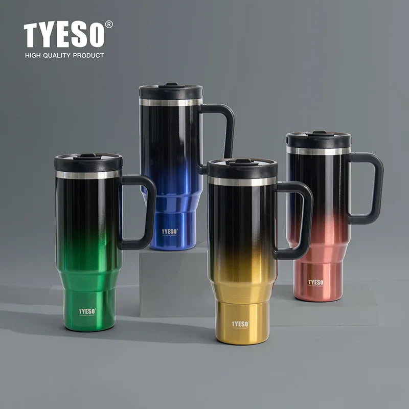 TYESO 40oz Car Coffee Thermos Cup With Handle and Straw Gradient Color Stainless Steel Vacuum Insulated Travel Mug Thermal Cup