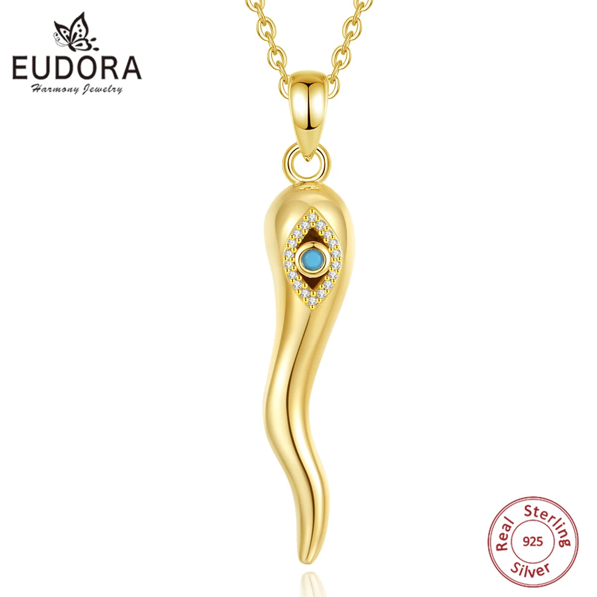 Eudora 925 Sterling Silver Italian Horn Necklace for Women Men Gold Good Luck Charm Cornicello Amulet Pendant Evil Eye Jewelry