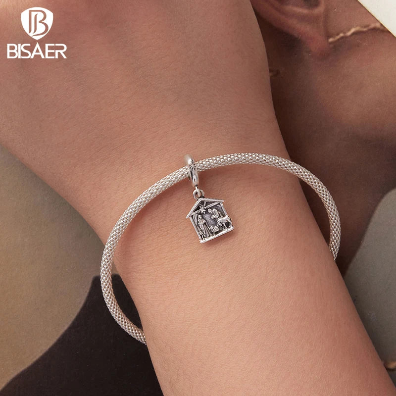 BISAER 925 Sterling Silver Cross Charms Beads Jesus Nativity Scene Pendant Faith Men Women DIY Bracelet & Necklace Fine Jewelry