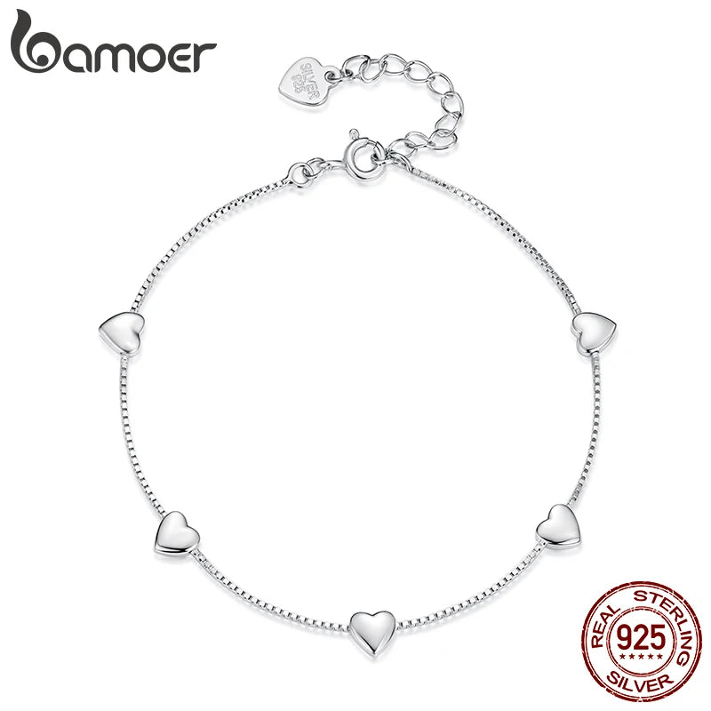 BAMOER 925 Sterling Silver Adjustable Heart Bracelet Dainty Box Chain Bracelet for Women Teen Girls Sweet Birthday Gift