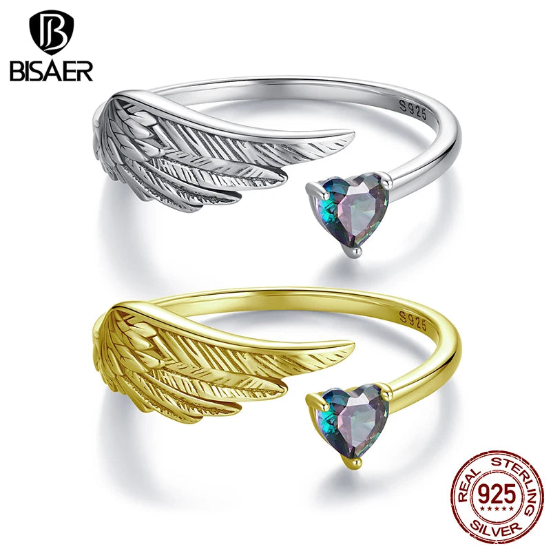 BISAER 925 Sterling Silver Wing Open Ring Heart Zircon Statement Band Adjustable 18K Gold-Plated for Women Party Fine Jewelry