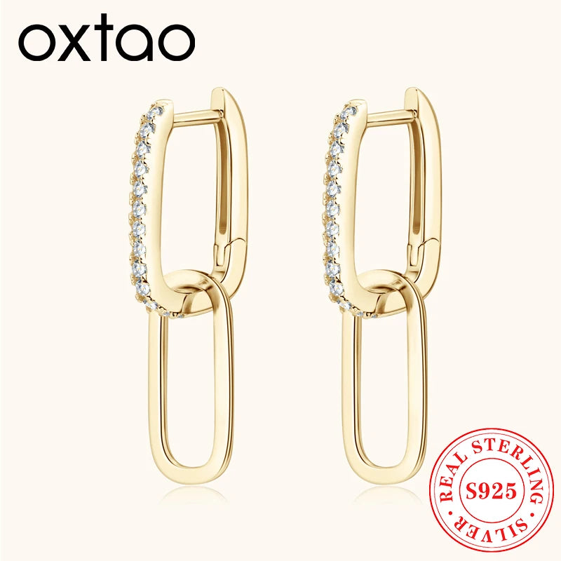 OXTAO Real S925 Silver Paperclip Link Earrings for Women D Color Moissanite Huggie Earrings Piercing Wedding Jewelry Gift GRA