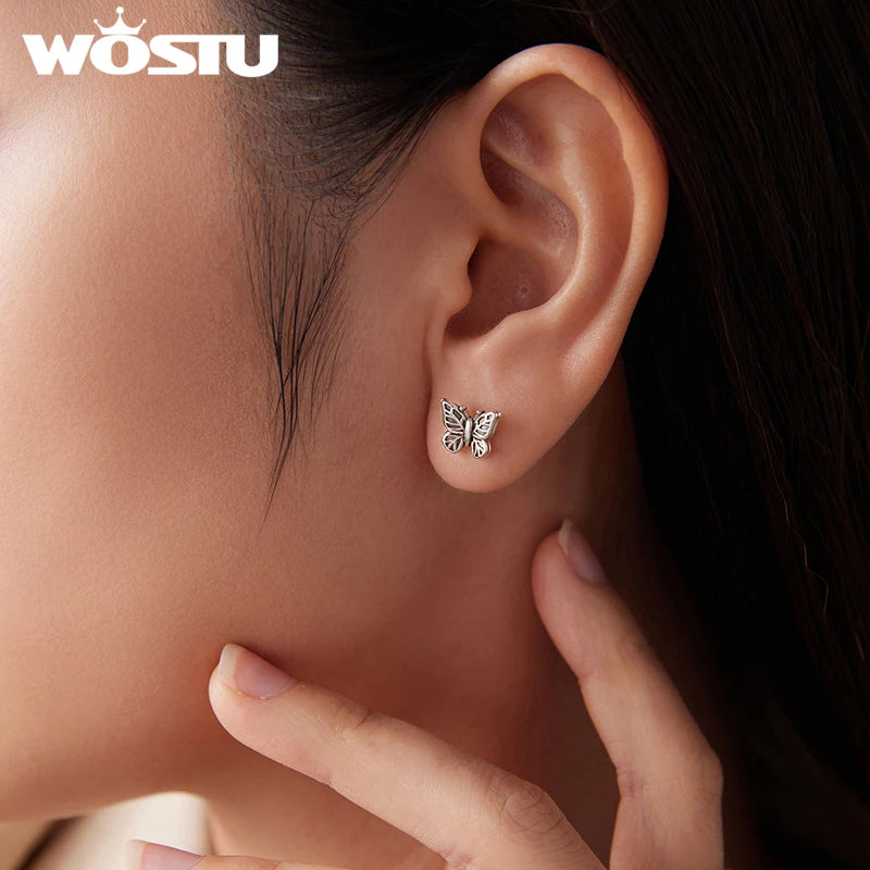 WOSTU Vintage 925 Silver Hollow Butterfly Stud Earrings For Women, Hypoallergenic Retro Ear Studs Pendient Family Lover Gift