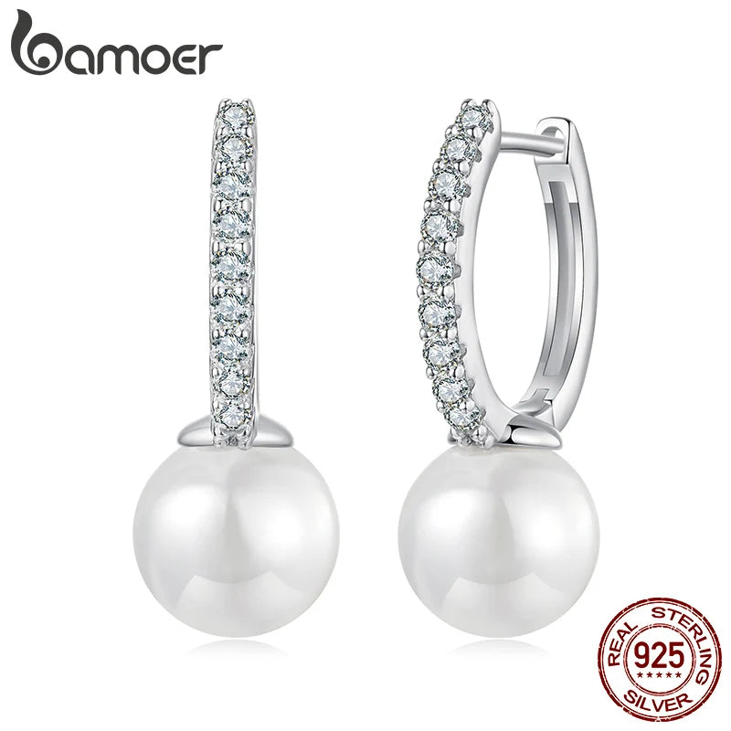 BAMOER 925 Sterling Silber Moissanit Creolen mit Perle, Weißgold plattiert Minimalistische Creolen Eleganter Schmuck
