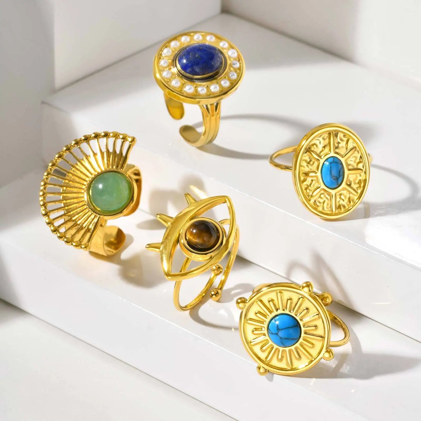 Vnox Brown Stone Eye-shaped Stainless Steel Rings Irregular Opening Trendy Rings For Women Stone Finger Jewelry Never Lose